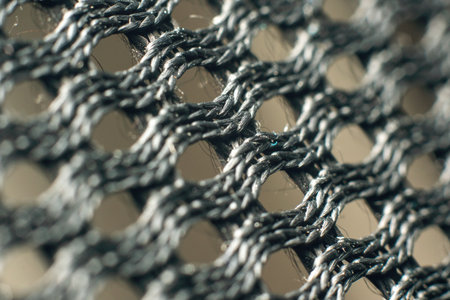 Macro closeup of black synthetic woven fabric mesh with braided threads and geometric grid pattern.の写真素材