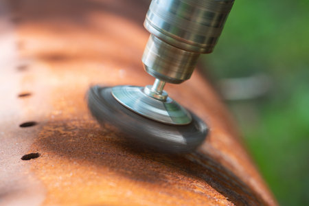 Electric drill with wire brush attachment polishing rusty metal surface close-up.の写真素材