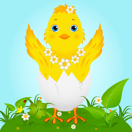 Illustration of a cute happy little yellow Easter chickのイラスト素材