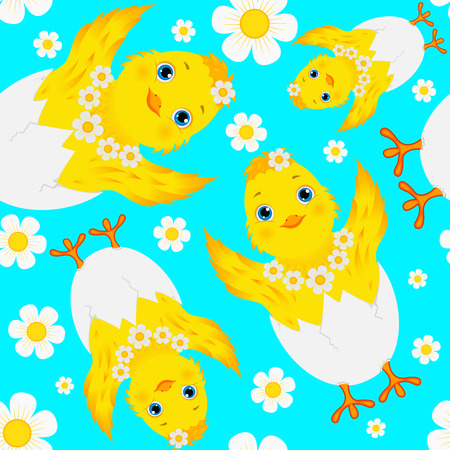 Seamless pattern with chicks, eggs and daisies. Vector illustration necessary when creating things for kids.のイラスト素材
