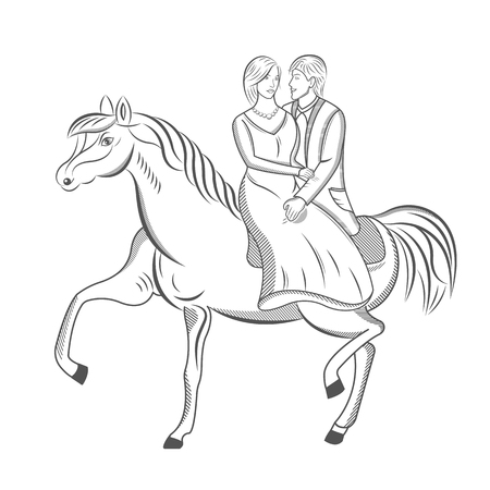 Vector illustration of a wedding walk the bride and groom on a horse. Romantic illustration for design of your work.のイラスト素材