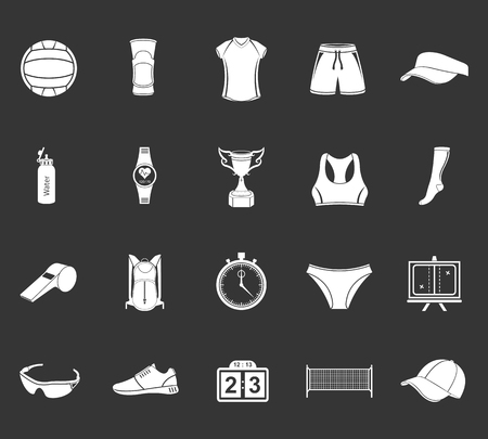 Volleyball icon set - stock vector. Large set of symbols, logos and icons of volleyball. Sports equipment, protection, trackers, silhouettes of players, uniforms, clothing and shoes.のイラスト素材