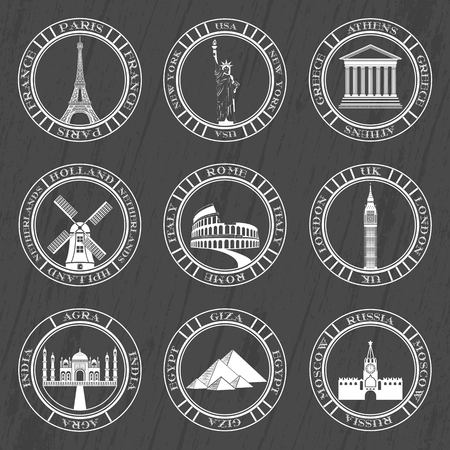 Stickers and icons of travel. Vector illustration isolated famous scenic attractions and places of the world.のイラスト素材