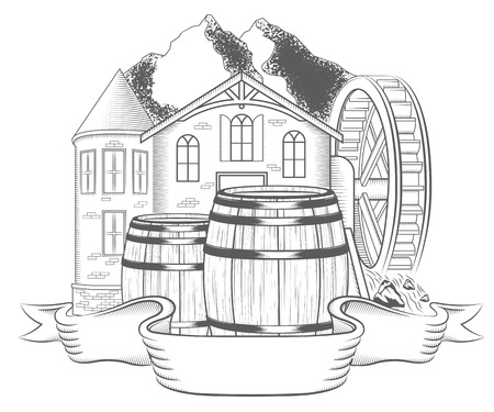 Vector illustration of water mill on a white background. Black and white Illustration old mill with waterwheel and label for your brand name - stock vectorのイラスト素材