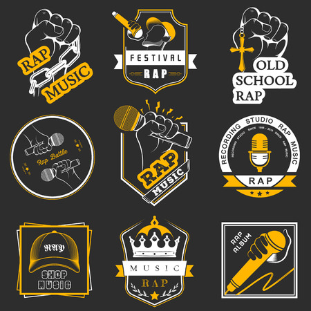 Set of vector , badges and stickers Hip Hop and Rap music. Collection of emblems rap battle, rap club and rap festival. Rap  in style of Digital Artのイラスト素材