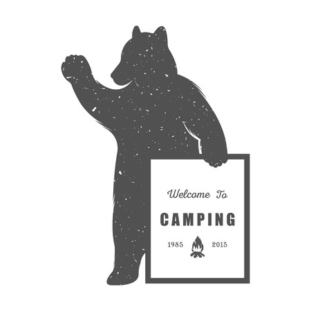 Vintage Illustration bear with sign camping - Grunge effect. Funny Bear with symbol camp and trip isolated on white background for posters, camp clubs and Web emblemsのイラスト素材