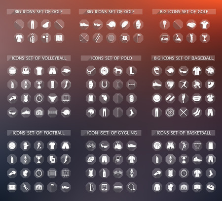 Big set of vector flat sign and icons of equipment, clothes and players of football, volleyball, baseball, basketball, polo, cycling and golf. Symbols of people, animals, vehicles - sports equipmentのイラスト素材