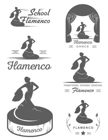Set of vector , badges and silhouettes Flamenco. Collection emblems of traditional Spanish dance, signs school, clubs, shops and studios flamenco isolated on a white backgroundのイラスト素材