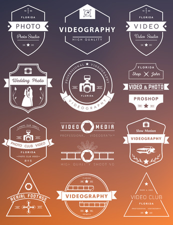 Vector collection of photography and videography  templates. Photocam, wedding and aerial footage . Photography vintage badges and icons. Modern mass media icons. Photo labels.のイラスト素材