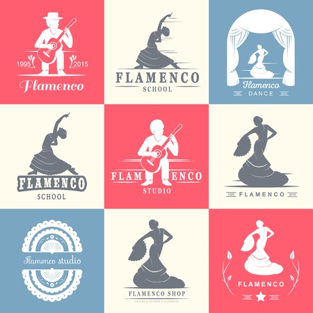 Set of vector , badges and silhouettes Flamenco. Collection emblems of traditional Spanish dance, signs school, clubs, shops and studios flamenco isolated on a white backgroundのイラスト素材
