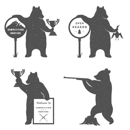 Vector Illustration Bear Hunter with Sign Hunting on a white background. Bear Symbol Can be used for T-shirts print, labels, badges, stickers and logoのイラスト素材