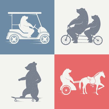 Vector Illustration Bear on a tandem bike, horse, skate on a white background. Bear Symbol for T-shirts print, labels, badges, stickers and logosのイラスト素材