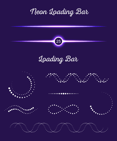 Collection of modern glowing preloaders and progress loading. Set loading bars in the form of points on a dark background for your design Stock Vectorのイラスト素材