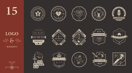 Set of vector badges and logos of rock music and rap classical music, electronic music and disco. The collection of symbols and emblems for printing T-shirts, festivals and parties.のイラスト素材