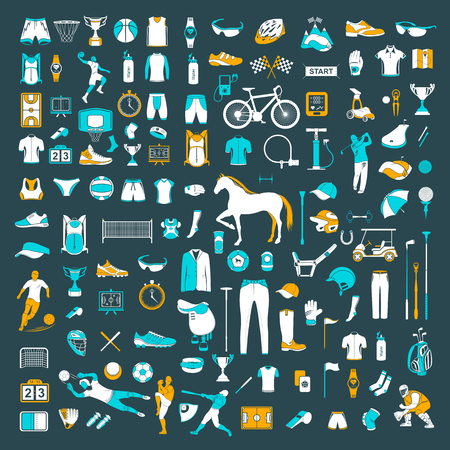 Big set of vector silhouettes and icons of equipment, clothes and players of football, volleyball, baseball, basketball, polo, cycling and golf. Symbols of people, animals, vehicles - sports equipment.のイラスト素材