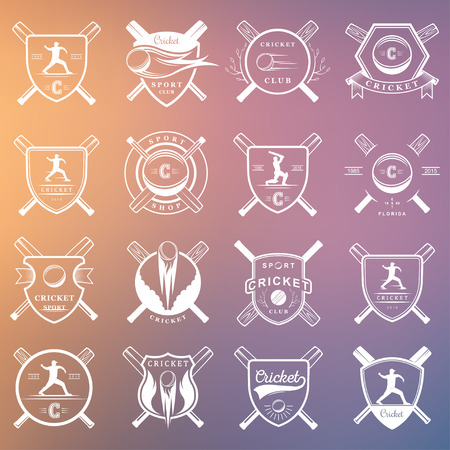Set of badges cricket. Collection of vintage signs, symbols and emblems sports game of cricket on a white isolated background. Set of cricket team emblem design elementsのイラスト素材