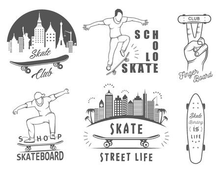 Set of skateboarding logo, badge, emblems, stickers, labels and elements of street style. Collection sign street art, street life and graffitiのイラスト素材