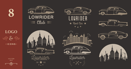 Set vintage lowrider logo, badge, sign, emblems, sticers and elements design. Collection black and white classic and retro old car icon - Stock Vectorのイラスト素材