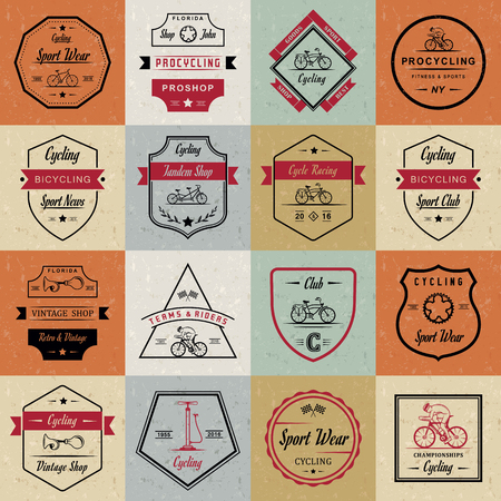 Set of vintage, modern and retro logo badges and labels bicycle, pro bike, shop, equipment and club. Cycling typographic sign, icons and old emblems - Stock Vectorのイラスト素材