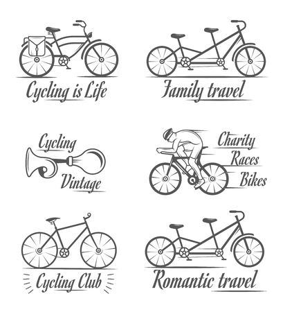 Set of vintage, modern and retro logo badges and labels bicycle, pro bike, shop, equipment and club. Cycling typographic sign, icons and old emblems - Stock Vectorのイラスト素材