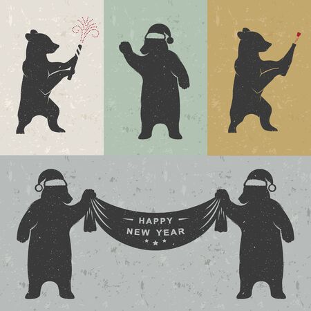 Vintage Christmas and New Year illustration fun bear with grunge effect for posters and t-shirts. Funny bear with label, champagne and fireworkのイラスト素材