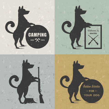 Vintage Illustration fun dog with grunge effect for posters and t-shirts. Funny dog with sign camping on a white backgroundのイラスト素材