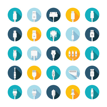 Electric plug, connectors and jack flat line icons set. のイラスト素材