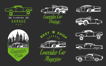 Set vintage lowrider logo, badge, sign, emblems, sticers and elements design. Collection classic and retro old car icon - Stock Vectorのイラスト素材
