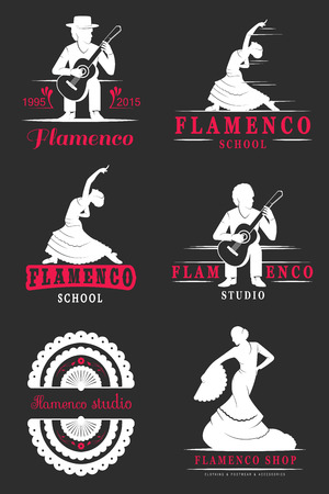 Set of vector logos, badges and silhouettes Flamenco. Collection emblems of traditional Spanish dance, signs school, clubs, shops and studios flamencoのイラスト素材