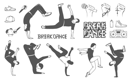 Break Dance silhouettes man and outfit. Set of Breakdance Bboy Silhouettes in Different Poses. Up, Down, On a Floor, On a Head, Jump, Twist, Rotate. Silhouette of young man dance Hip-hop with graffitiのイラスト素材