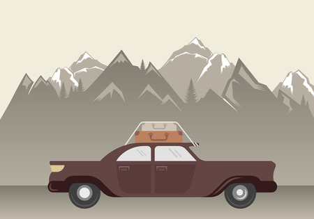 Landscape with car in mountain - vector illustration. Off-road vehicle with bags and suitcases.のイラスト素材