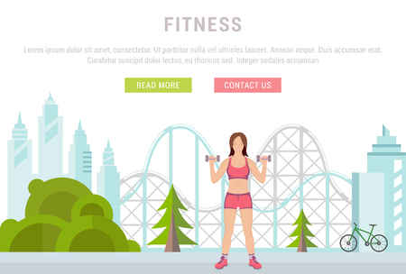 Vector sport illustration banner. Fitness or bodybuilding women. Modern isolated illustration city sports. Template with buttons for website banner and landing page. Sport background or template.のイラスト素材
