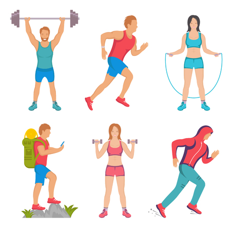 Vector set sport and fitness athlete. Illustrations on white background. Running man, fitness and bodybuilding man, hiking sports. Modern isolated illustration sports man and women.のイラスト素材