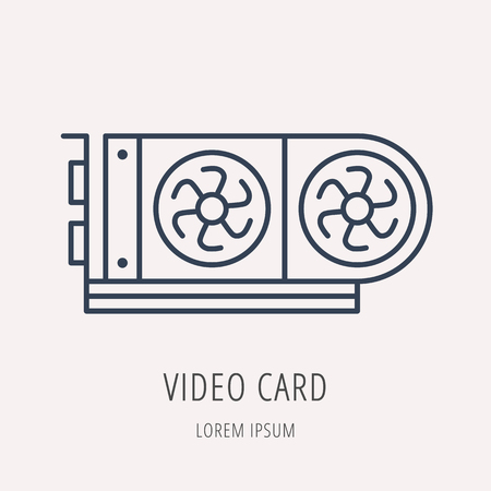 label PC upgrading. Line style template with video card. Easy to use business template. Vector abstract emblem.のイラスト素材