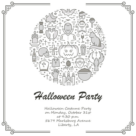 Halloween concept.Template invitation. Symbols isolated on background. Web banner Halloween party, vector label or emblem.のイラスト素材