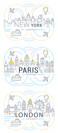 Flat line illustration of Paris, London, New York. Concept for web banners and printed materials. Template with buttons for website banner and landing page.のイラスト素材