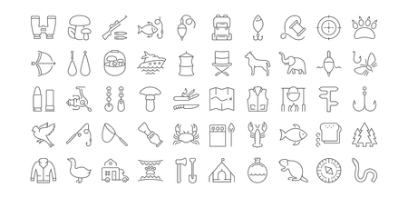 Set vector line icons, sign and symbols in flat design mushrooming, fishing and hunting with elements for mobile concepts and web apps. Collection modern infographic logo and pictogram.のイラスト素材