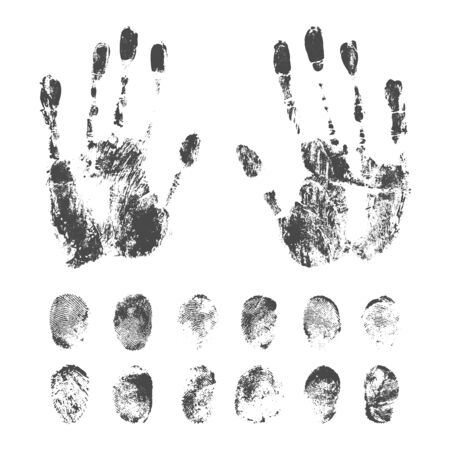 Set of a print a human finger and handprint. Black ink fingerprints on white background in vector.のイラスト素材