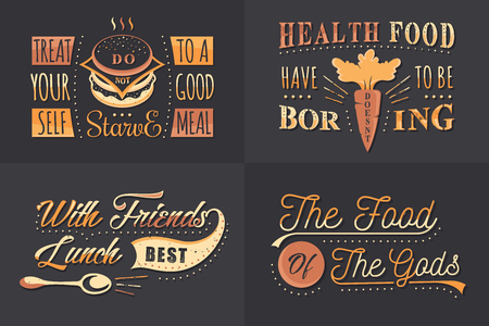 Set of vintage fast food and  health meal quotes. Typographic lettering and labels.のイラスト素材