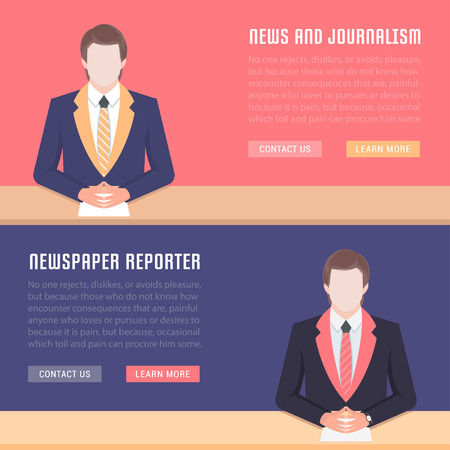 Flat line illustration of news, newspaper reporter and journalism. Concept for web banners and printed materials of. Template with buttons for website banner and landing pageのイラスト素材