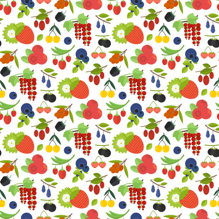 Vector seamless berry pattern for surface design in flat style. Colorful mix berries on white background.のイラスト素材