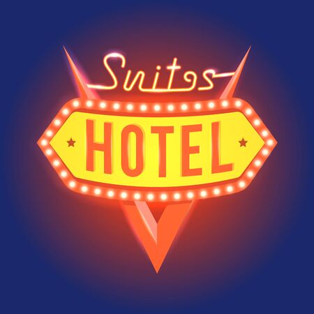 Retro light vector illustration with shinning text of suites hotel. Roadside night signboards.のイラスト素材