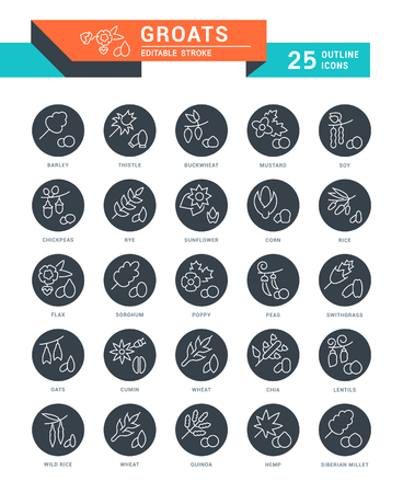 Set of outline white icons on black rounds of groats with names. Collection vector thin line signs. Simple linear pictogram pack for web graphics and apps.のイラスト素材