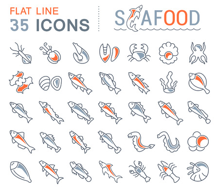 Set of vector line icons, sign and symbols with flat elements of seafood for modern concepts, web and apps. Collection of infographics logos and pictograms.のイラスト素材