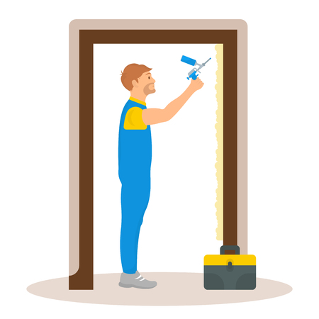 Flat illustration of builder. Door installation. Vector illustration for web pages.のイラスト素材