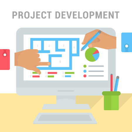 Vector illustration of project development. Construction project on the screen.のイラスト素材