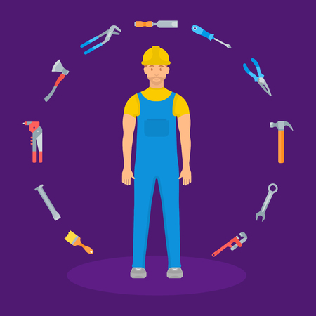 Flat illustration of builder and tools. Vector illustration for web pages.のイラスト素材