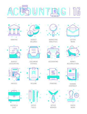Collection vector flat icons with thin line elements. Set of clean design, outline signs and symbols of accounting and finance. Simple linear infographics and pictogram pack for web graphics and apps.のイラスト素材