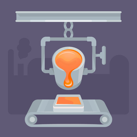 Vector illustration in flat style. Metalworking as the technology of mass production of metal. Metal working at factory assembly line.のイラスト素材