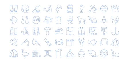 Set vector line icons, sign and symbols in flat design mushrooming, fishing and hunting with elements for mobile concepts and web apps. Collection modern infographic logo and pictogram.のイラスト素材